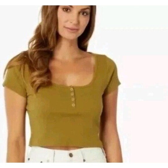 Madewell Womens Ribbed Henley Crop Tee Size XL Mustard Yellow Snap Button Casual - Picture 2 of 6